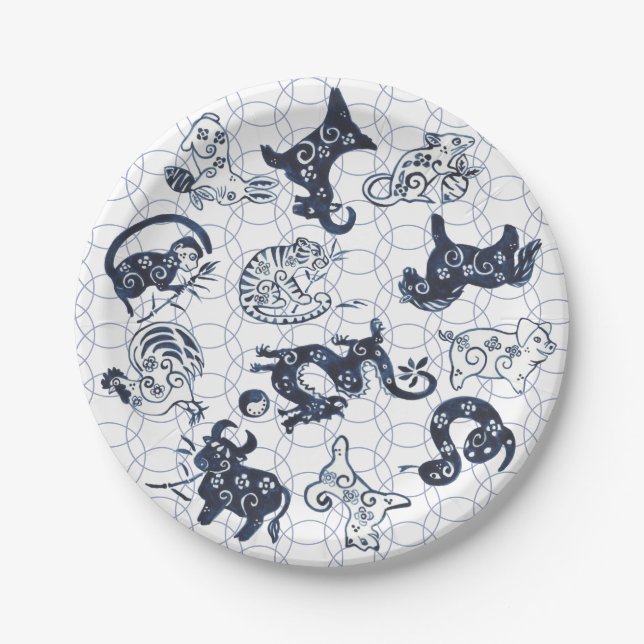 Chinese New Year Blue Animal Zodiac Symbols Paper Plate (Front)