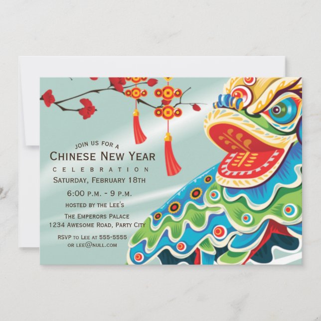 Chinese New Year Blue Lion Dancer Invitation (Front)
