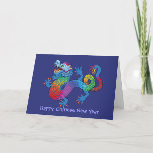Chinese New Year card with colourful dragon on blu