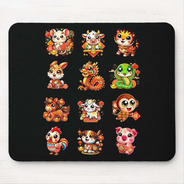 Chinese New Year Cute 12 Zodiac Animal Signs Lunar Mouse Pad (Front)