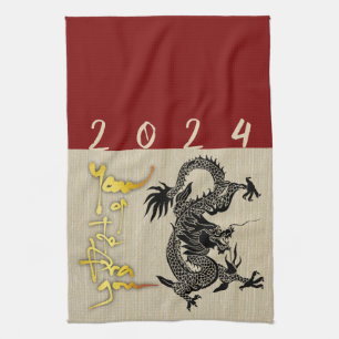 Chinese New Year Dragon Black paper-cut Zodiac KT3 Tea Towel