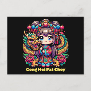 Chinese New Year Girl, Dragon, Flowers Postcard