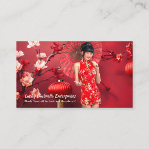 Chinese New Year Girl with a Red Umbrella Business Card