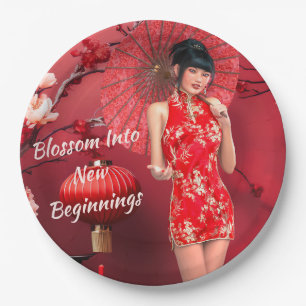 Chinese New Year Girl with a Red Umbrella Paper Plate