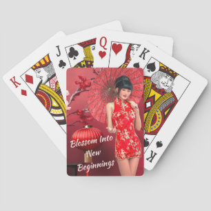 Chinese New Year Girl with a Red Umbrella Playing Cards