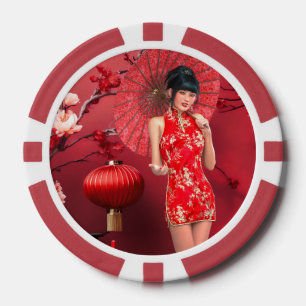 Chinese New Year Girl with a Red Umbrella Poker Chips