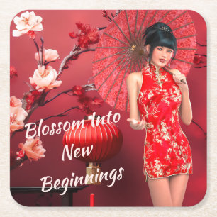 Chinese New Year Girl with a Red Umbrella Square Paper Coaster