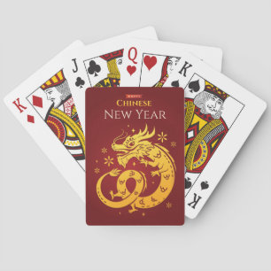 Chinese New Year Golden Coloured Dragon on Red Playing Cards