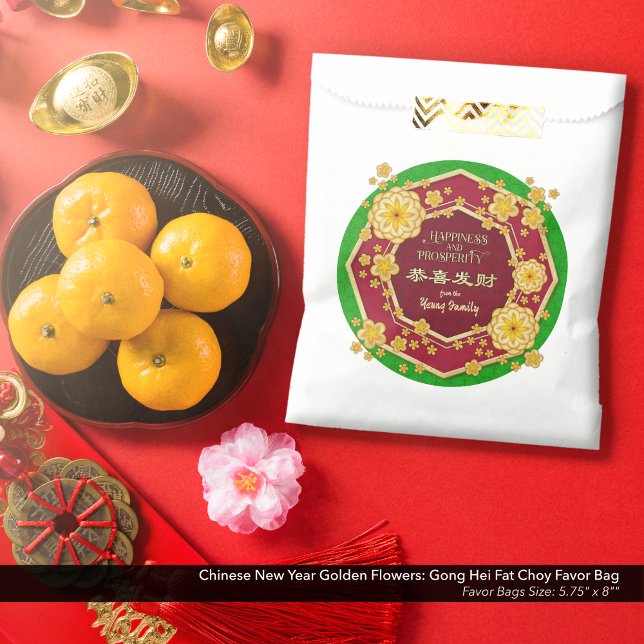 Chinese New Year Golden Flowers: Gong Hei Fat Choy Favour Bags (Chinese New Year Golden Flowers Favor Bag: Gong Hei Fat Choy, with Spring Green Background.)
