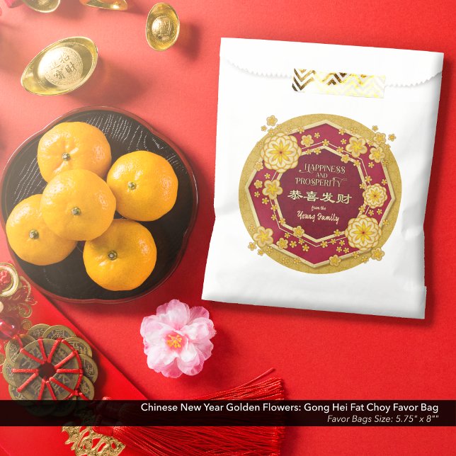 Chinese New Year Golden Flowers: Gong Hei Fat Choy Favour Bags (Chinese New Year Golden Flowers Favor Bag: Gong Hei Fat Choy, with Yellow Gold Background.)