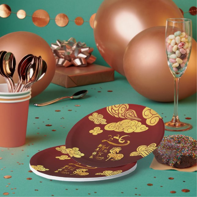 Chinese New Year Horse 2026 Gold Clouds PPP Paper Plate (Multi)