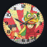Chinese New Year Kids Lion Dance and Lantern Large Clock<br><div class="desc">Keep track of the festivities with this colorful lion dance wall clock featuring a high-energy holiday celebration scene. The clock face showcases a traditional ceremonial lion, festive lanterns, and a bright sunburst background that adds a cheerful touch to your kitchen, living room, or classroom. This functional piece of decor serves...</div>