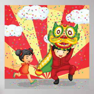 Chinese New Year Kids Lion Dance and Lantern Poster