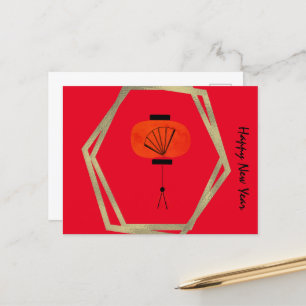 Chinese New Year Lantern Fan Red Gold Postcard