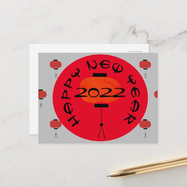 Chinese New Year Lantern Red Grey Postcard (Front/Back In Situ)