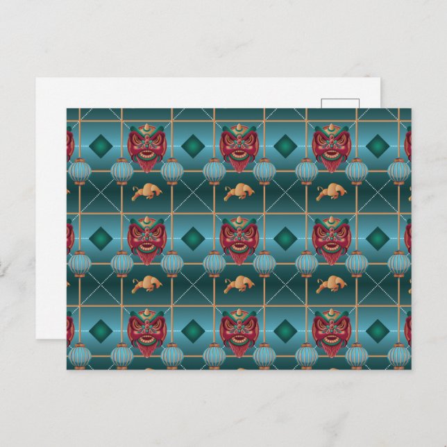 Chinese New Year of Ox - Green Check Pattern Postcard (Front/Back)