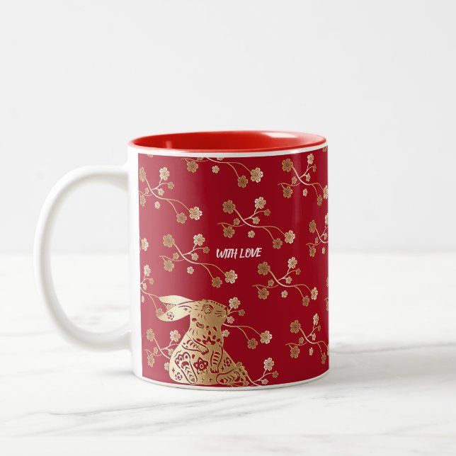 Chinese New Year of Rabbit 2023 Red Gold Floral  Two-Tone Coffee Mug (Left)
