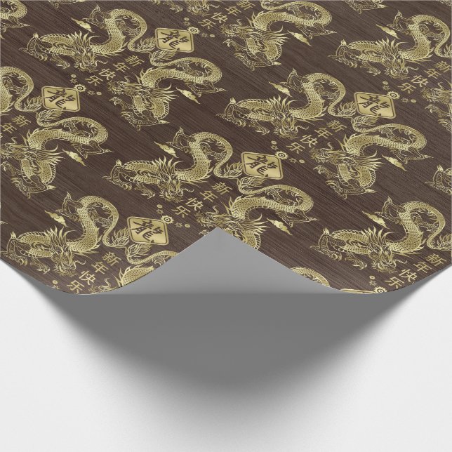 Chinese New year of the Dragon 2024 on dark wood Wrapping Paper (Corner)