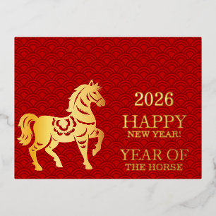 Chinese New Year Of The Horse Red Gold  Foil Holiday Postcard