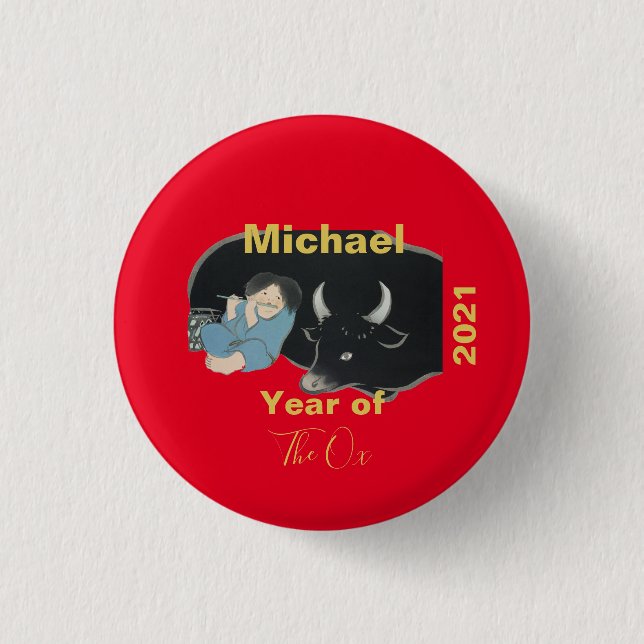 Chinese New Year of the Ox  2021 Red Personalised 3 Cm Round Badge (Front)