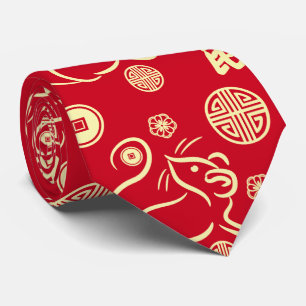 Chinese New Year of The Rat Pattern - Red and Gold Tie