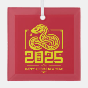 Chinese New Year of the Snake 2025 Red Gold Glass Tree Decoration