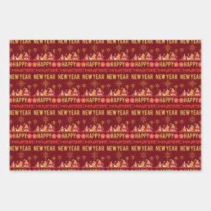 Chinese new year oriental luxury red gold lunar wrapping paper sheet