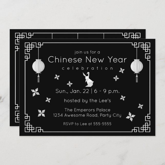 Chinese New Year Origami Rabbit, black Invitation (Front/Back)