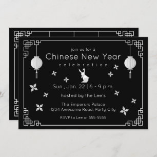 Chinese New Year Origami Rabbit, black Invitation