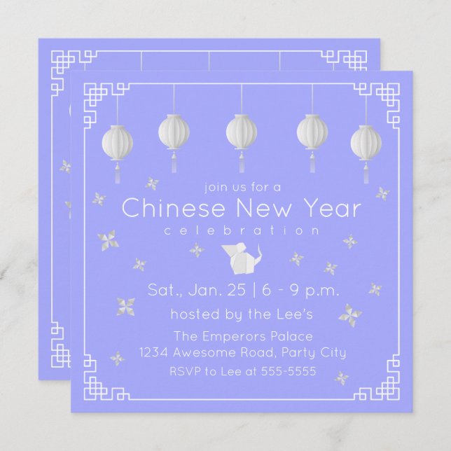 Chinese New Year Origami Rat, light blue Invitation (Front/Back)
