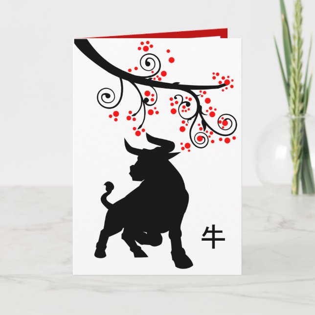 Chinese New Year Ox and Red Blossoms Holiday Card (Front)