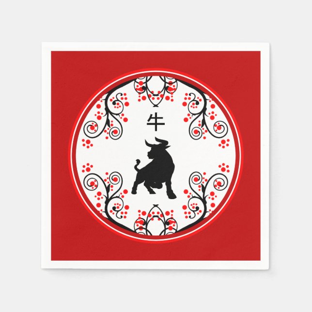 Chinese New Year Ox with Red Blossoms Napkin (Front)