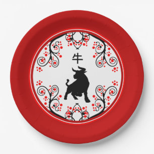 Chinese New Year Ox with Red Blossoms Paper Plate