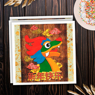 Chinese New Year Papercut Dragon Wood Green Gold Napkin