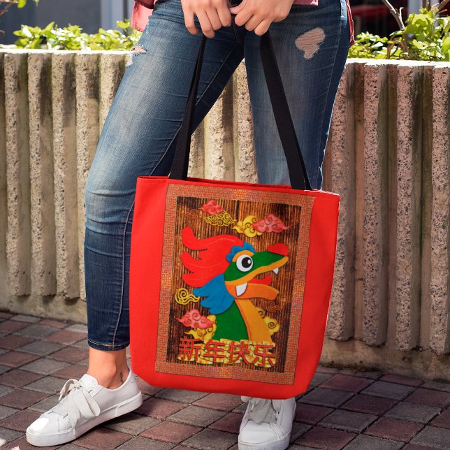Chinese New Year Papercut Dragon Wood Red Gold Tote Bag (Creator Uploaded)