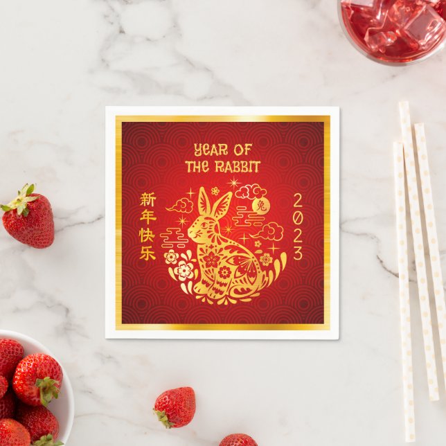 Chinese New Year Rabbit 2023 Gold Foil Red Modern Napkin (Insitu)