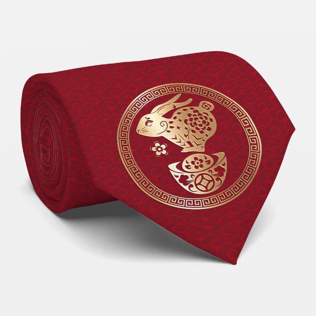 Chinese New Year Rabbit 2023 Red Golden Paper Cut Tie (Rolled)