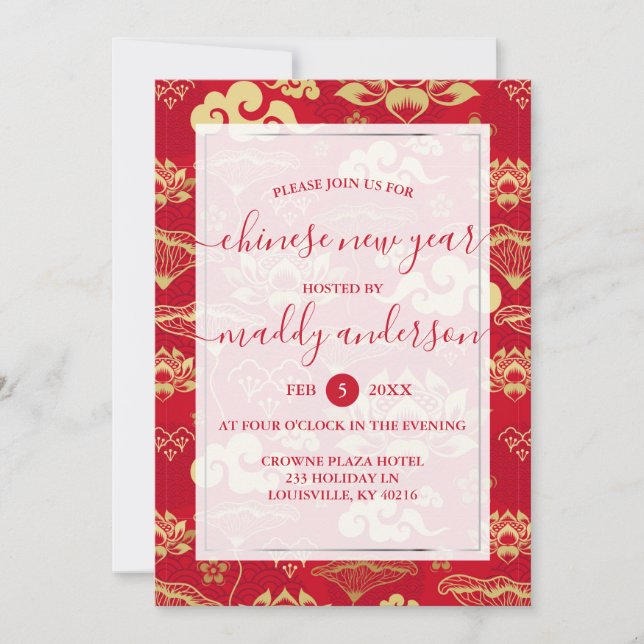Chinese New Year Red Gold Lotus Floral Party Invitation (Front)