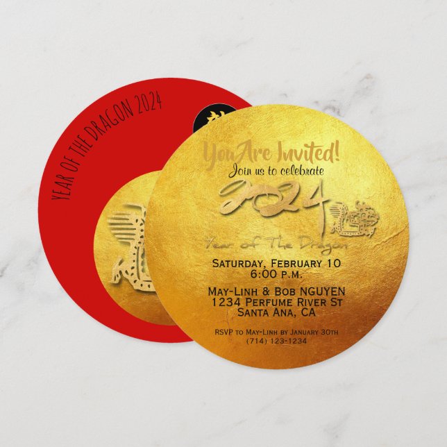Chinese New Year Red Golden Dragon 2024 RInv Invitation (Front/Back)