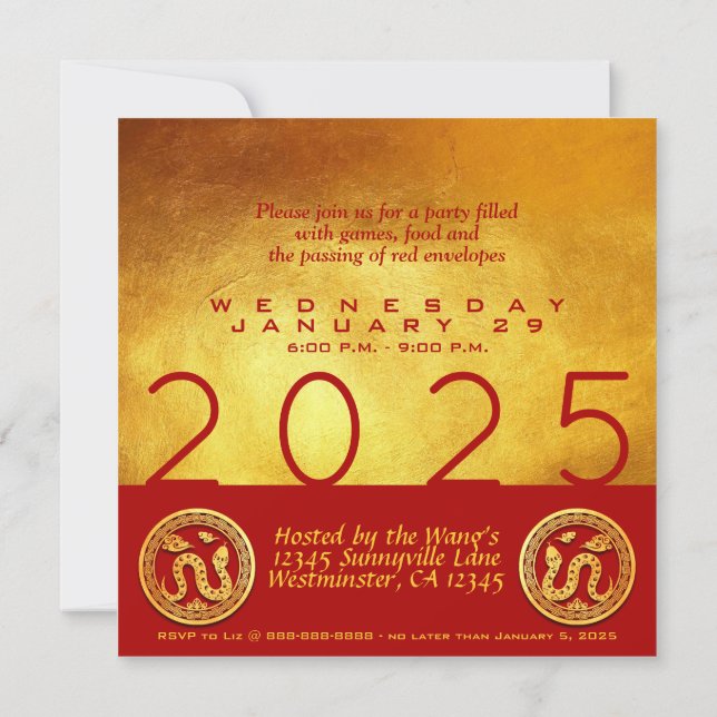 Chinese New Year Snake 2025 Red Gold Party SqC Invitation (Back)