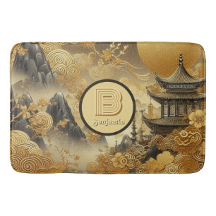 Chinese Painting Faux Golden Dripping Monogrammed  Bath Mat