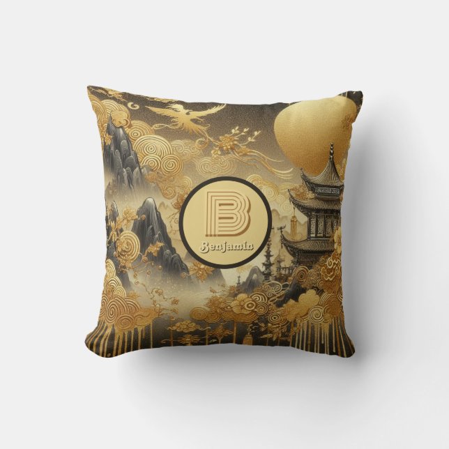 Chinese Painting Faux Golden Dripping Monogrammed  Cushion (Front)