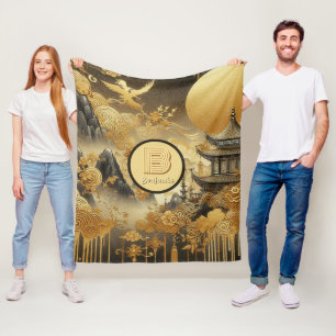 Chinese Painting Faux Golden Dripping Monogrammed Fleece Blanket