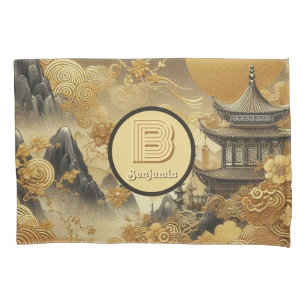 Chinese Painting Faux Golden Dripping Monogrammed  Pillowcase