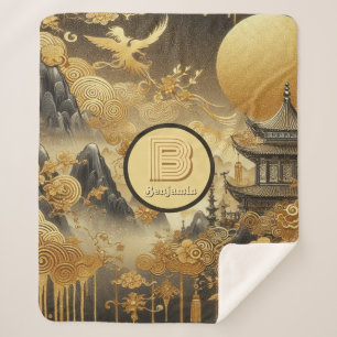 Chinese Painting Faux Golden Dripping Monogrammed Sherpa Blanket