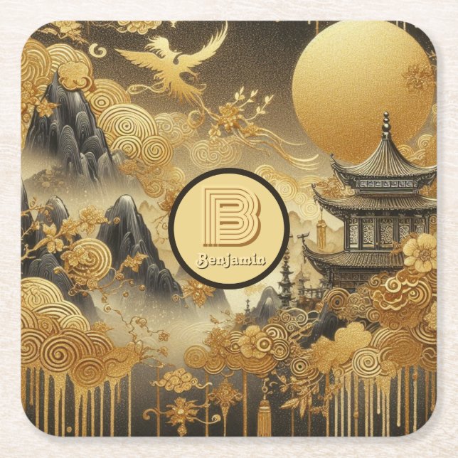 Chinese Painting Faux Golden Dripping Monogrammed  Square Paper Coaster (Front)
