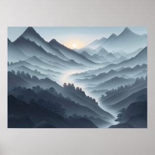 Chinese Painting Misty Landscape With River Poster