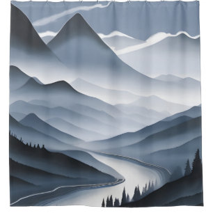 Chinese Painting Misty Landscape With River Shower Curtain