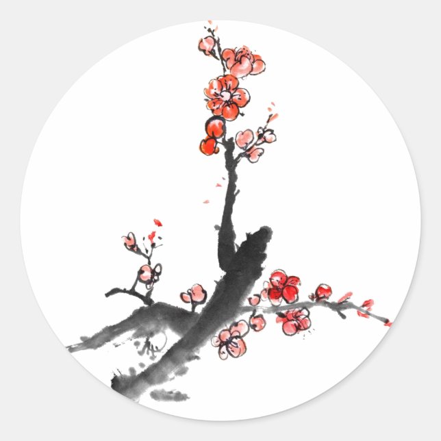 Chinese painting of flowers, plum blossom classic round sticker (Front)
