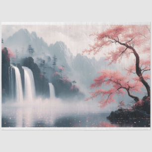 Chinese Painting Waterfall and Cherry Blossom Tree Tissue Paper